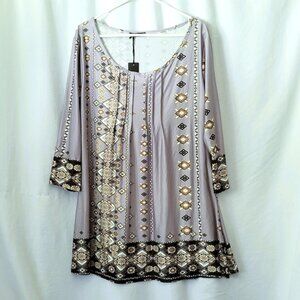 Lily by Firmiana Tunic Womens XL Scarf Print Pleated Swing Style Gray Black Tan